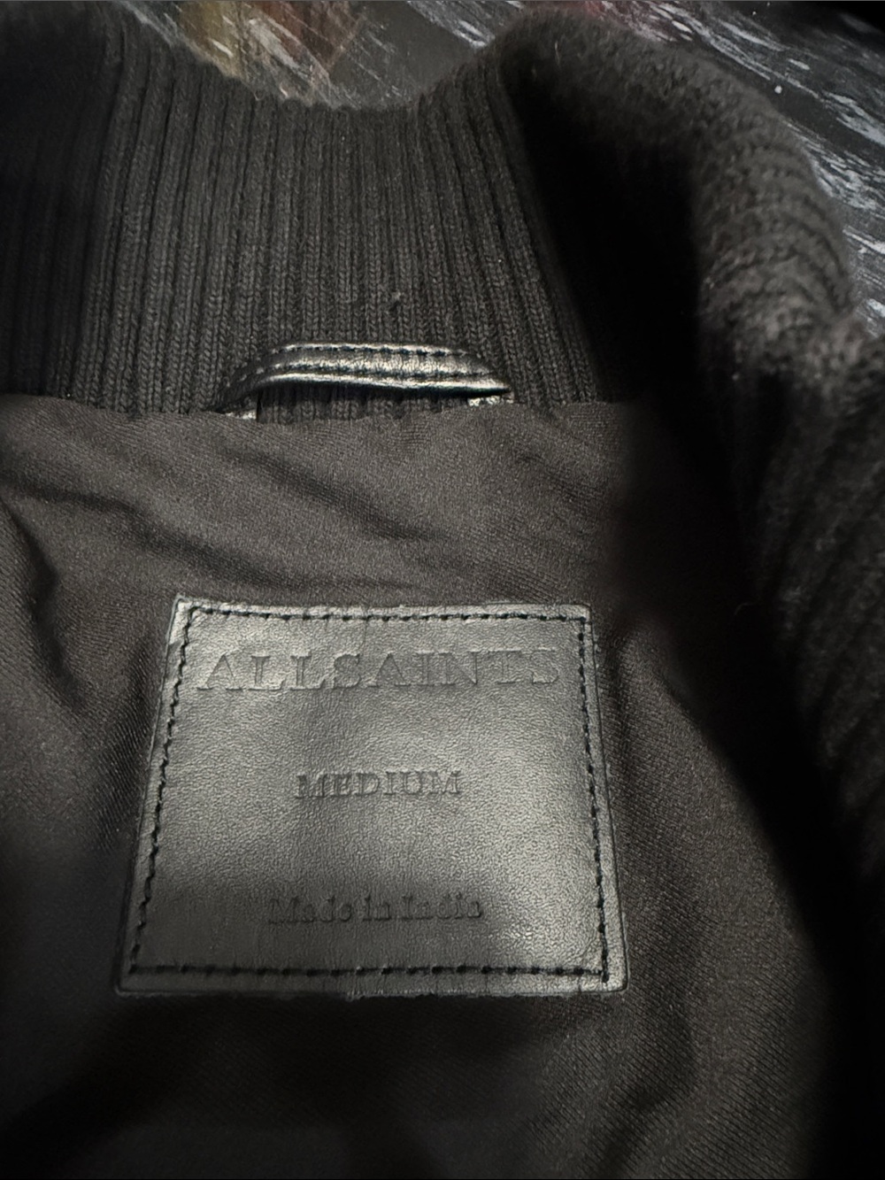 AllSaints Black Leather Bomber Jacket with Ribbed Hem & Collar - Picture 2 of 3